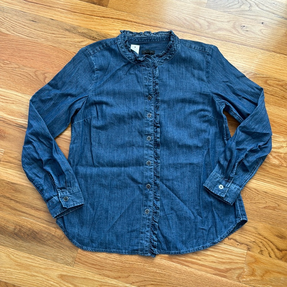 TALBOTS Striated Denim Ruffle Band Collar Top Size S Petite